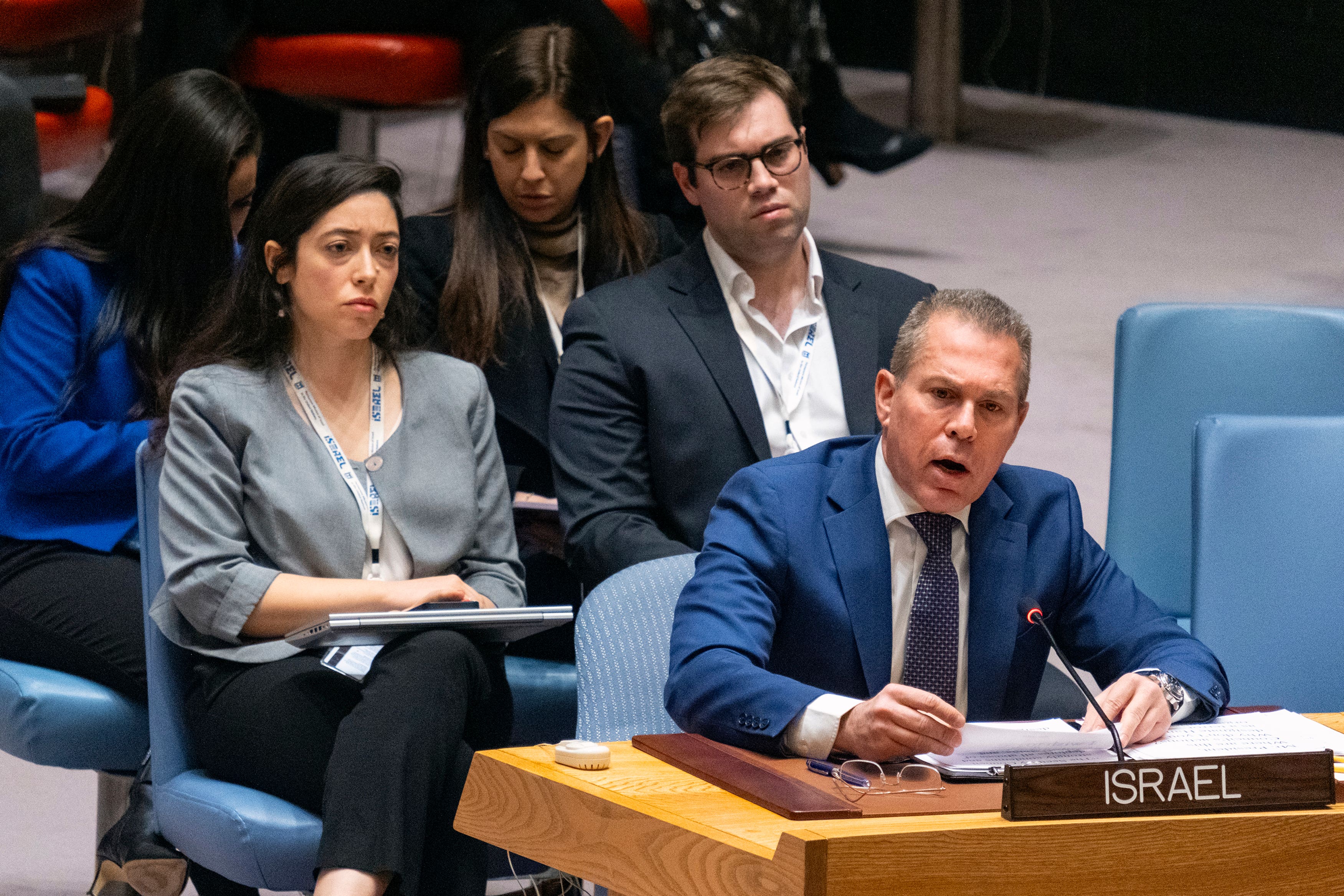 Gilad Erdan, permanent representative of Israel to the United Nations, addresses the United Nations Security Council (Craig Ruttle/AP)