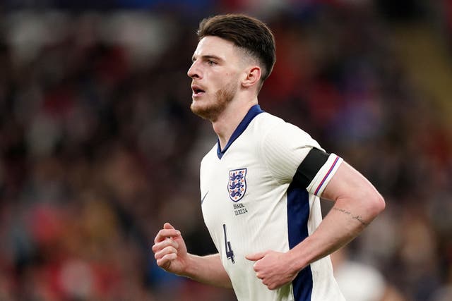 Declan Rice will captain England on Tuesday against Belgium (Mike Egerton/PA)