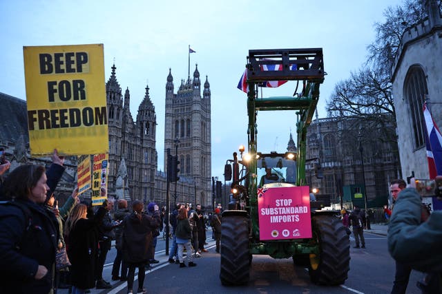 <p>Farmers have taken to the streets of London to protest against trade deals they claim damage British farming </p>