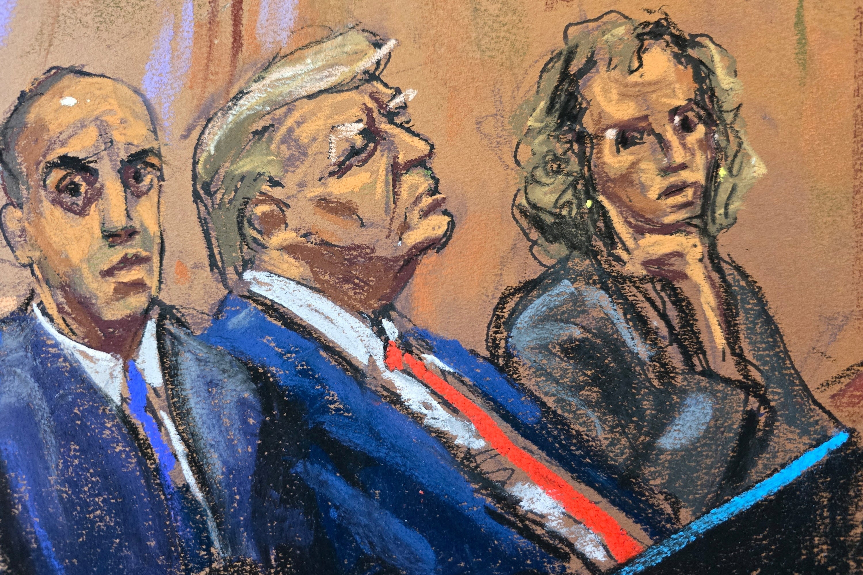 A court sketch depicts Donald Trump during a petrial hearing in his so-called hush money case in Manhattan on 25 March