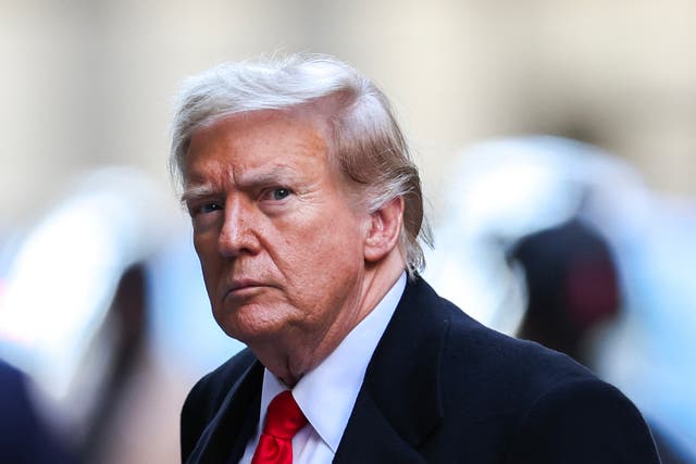 <p>Donald Trump  arrives at 40 Wall Street for a press conference after appearing in criminal court on 25 March</p>