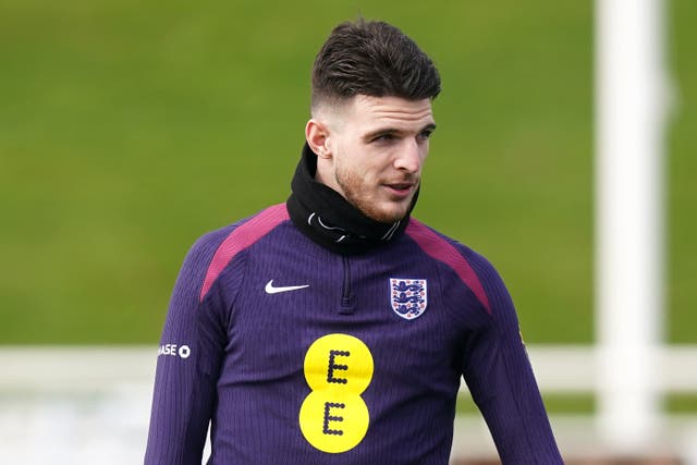 Declan Rice will lead England out as captain for the first time this week (Mike Egerton/PA)