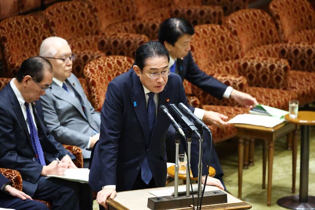 <p>Japan’s prime minister Fumio Kishida (C) delivers a statement during a House of Councillors budget committee meeting in Tokyo </p>