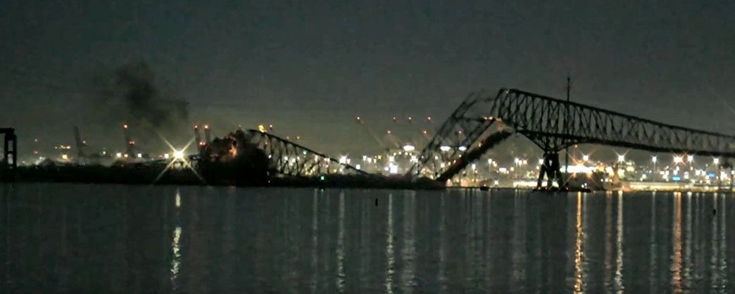 The Francis Scott Key Bridge collapses in the middle after it is hit by a container ship