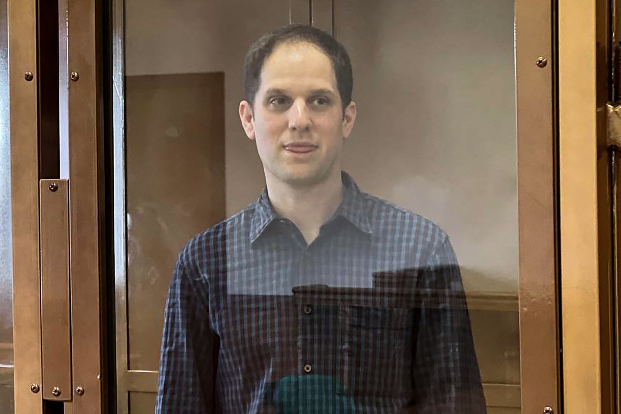 This handout picture provided by the Moscow City Court on March 26, 2024 shows US journalist Evan Gershkovich