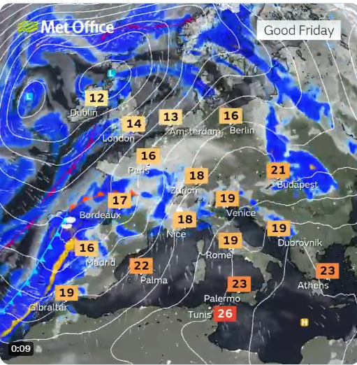 Good Friday weather map for the UK and mainland Europe