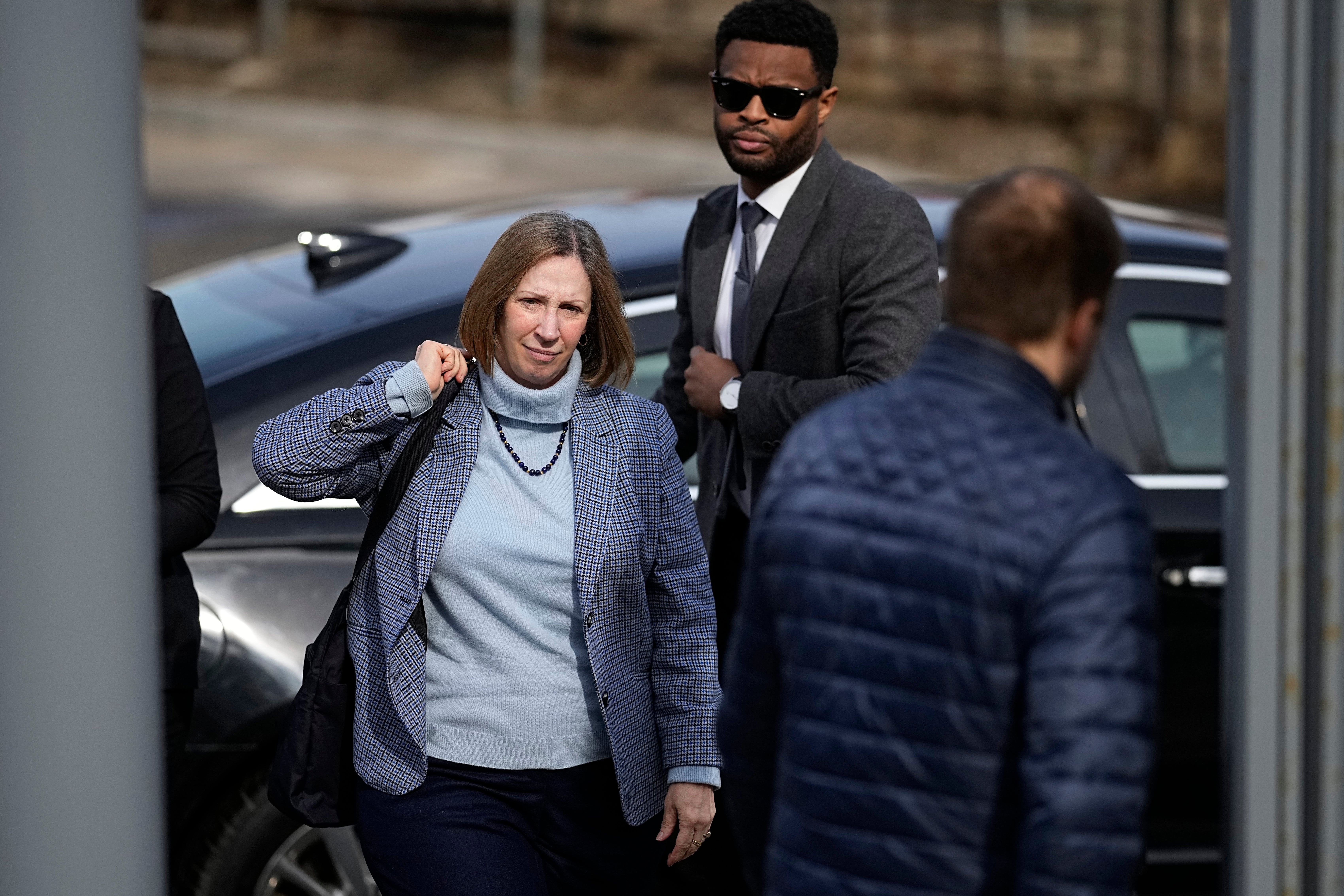 US Ambassador to Russia Lynne Tracy, left, enters the Moscow City Court to attend hearing on Wall Street Journal reporter Evan Gershkovich's case, in Moscow, Russia