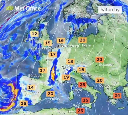 Saturday weather map for the UK and mainland Europe