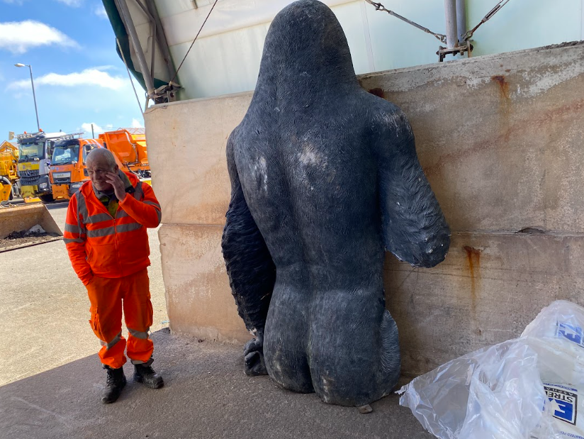 Gary the gorilla was found cut in half, with the front half of the statue still missing