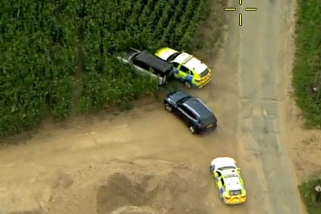 Video grab from Police helicopter footage of a stolen Land Rover which ploughed through a 6ft high maize field to try to evade officers (Norfolk Police/PA)