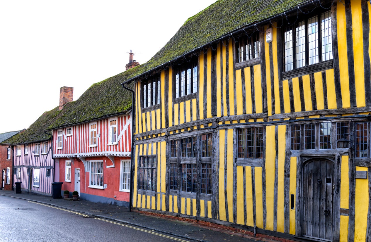 Crooked timber frame houses line the streets of Lavenham