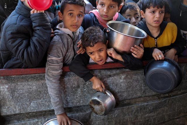 <p>Palestinian children wait to receive food in Rafah </p>