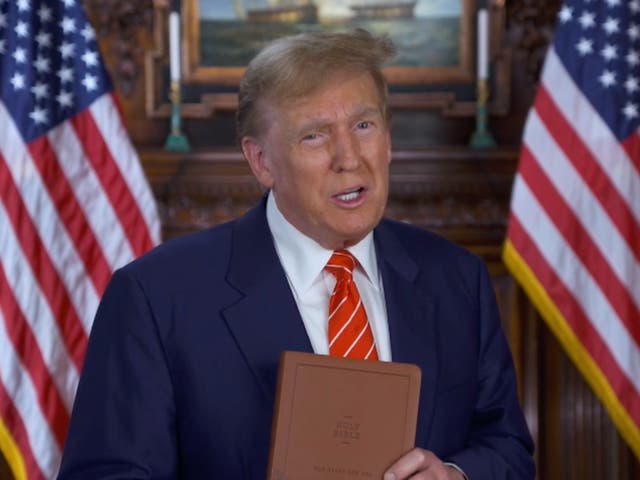 <p>Donald Trump in an ad for the ‘God Bless the USA’ Bible on Truth Social</p>