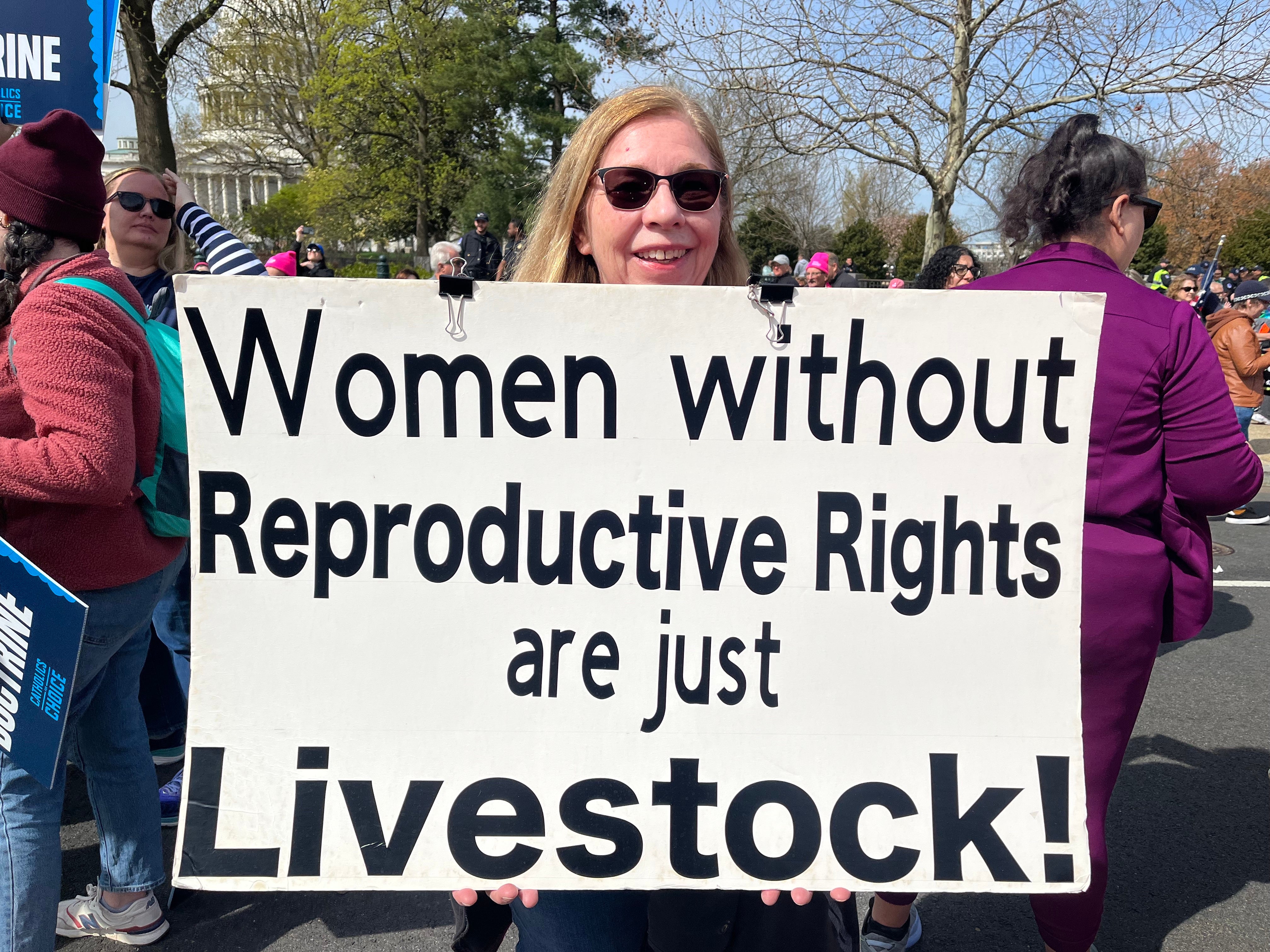 A demonstrator holds a sign that reads, “Women without Reproductive Rights are just Livestock!"