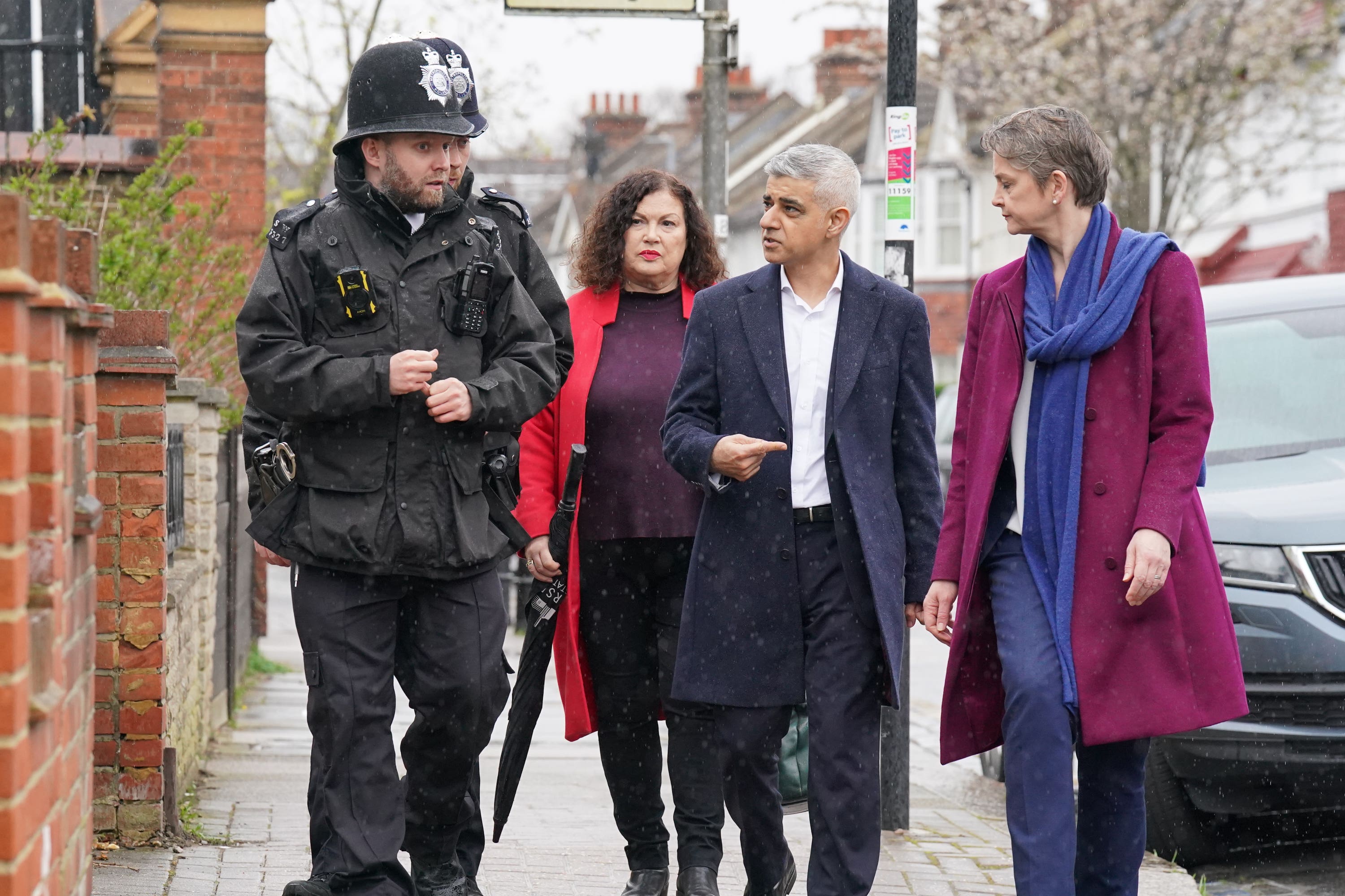 Mayor of London Sadiq Khan and shadow home secretary Yvette Cooper during a walkabout with police officers during a visit to Earlsfield Police Station, south west London. Picture date: Tuesday March 26, 2024. (Jonathan Brady/PA)