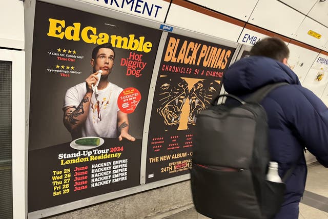 A poster advertising Ed Gamble’s Hot Diggity Dog tour on the Bakerloo line (Joe Sene/PA)