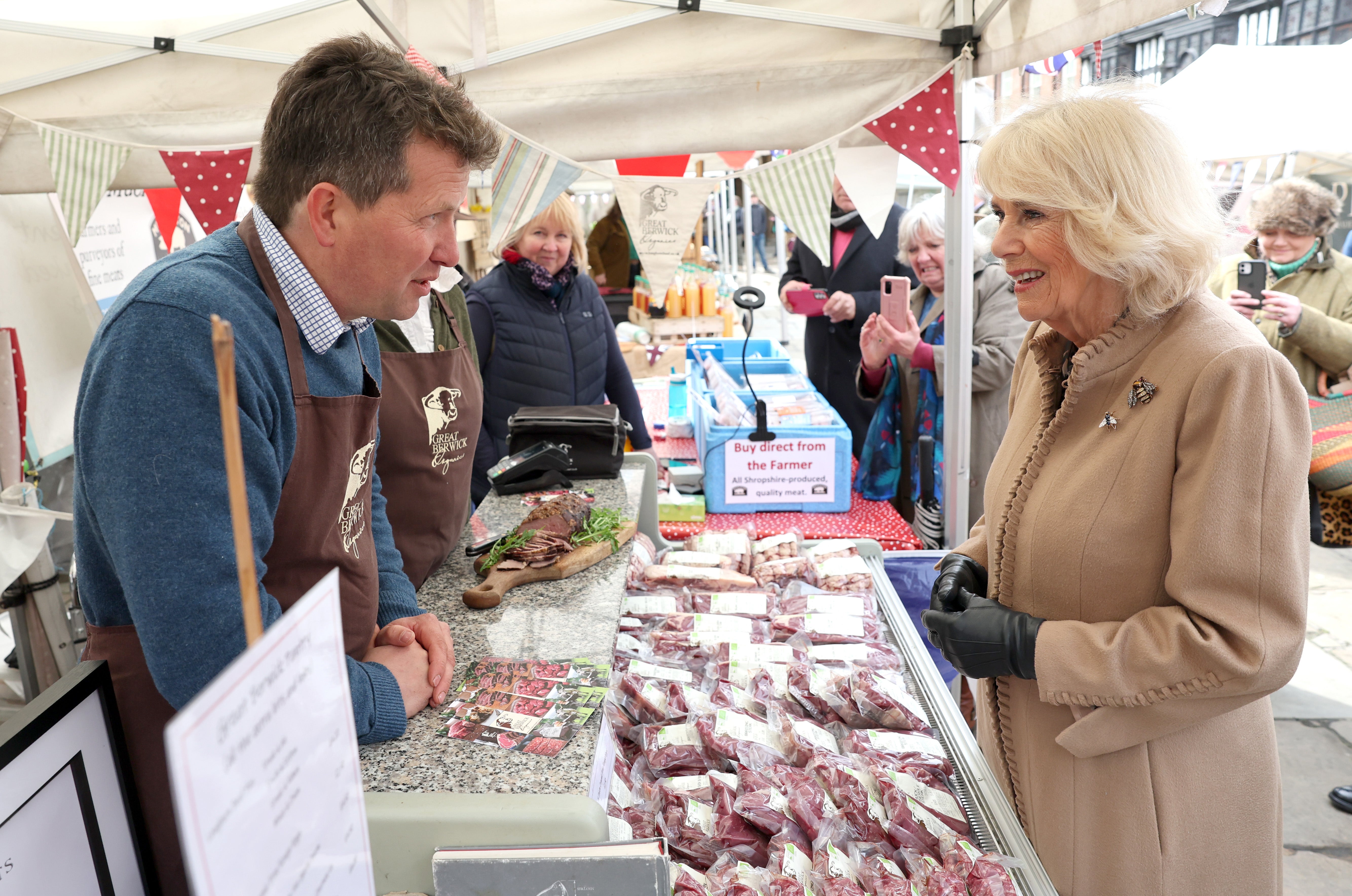 Camilla spent lunchtime touring the local farmer’s market in Shrewsbury