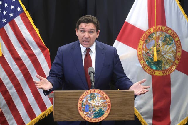 <p>Ron DeSantis speaks at a press conference on Wednesday about the settlement with Disney </p>