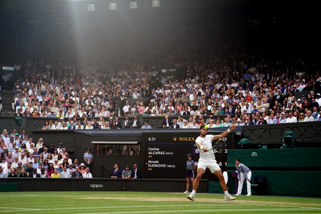 Carlos Alcaraz in action against Novak Djokovic in the men’s singles final in last year’s Wimbledon Championships (Adam Davy/PA)