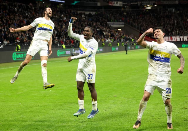 <p>Christian Burgess, Noah Sadiki and Cameron Puertas of Union Saint-Gilloise celebrate victory in the Uefa Europa Conference League playoffs </p>