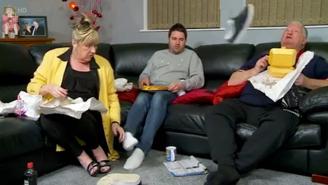 <p>Linda McGarry (L) with her son George Gilbey (C) and her husband Peter McGarry (R) on Gogglebox  </p>