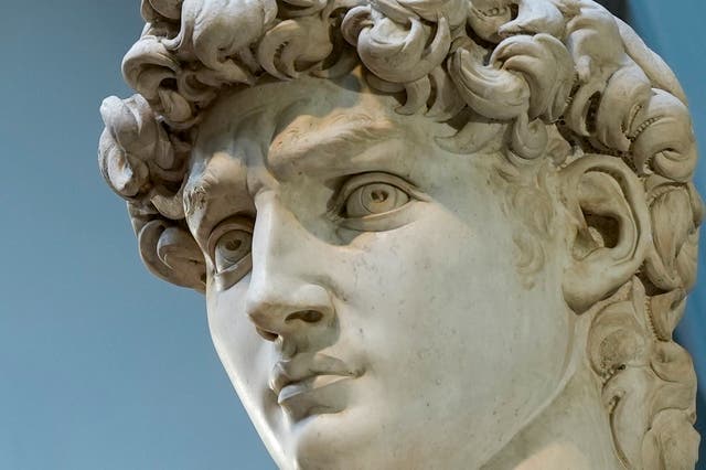 <p>A detail of Michelangelo’s 16th century statue of David is seen on display at the Accademia gallery, in Florence</p>