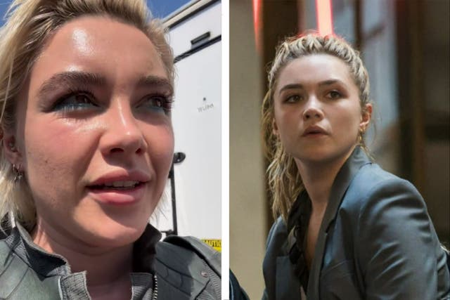 <p>Florence Pugh on the set of ‘Thunderbolts’ (left) and in ‘Black Widow’ (right)</p>
