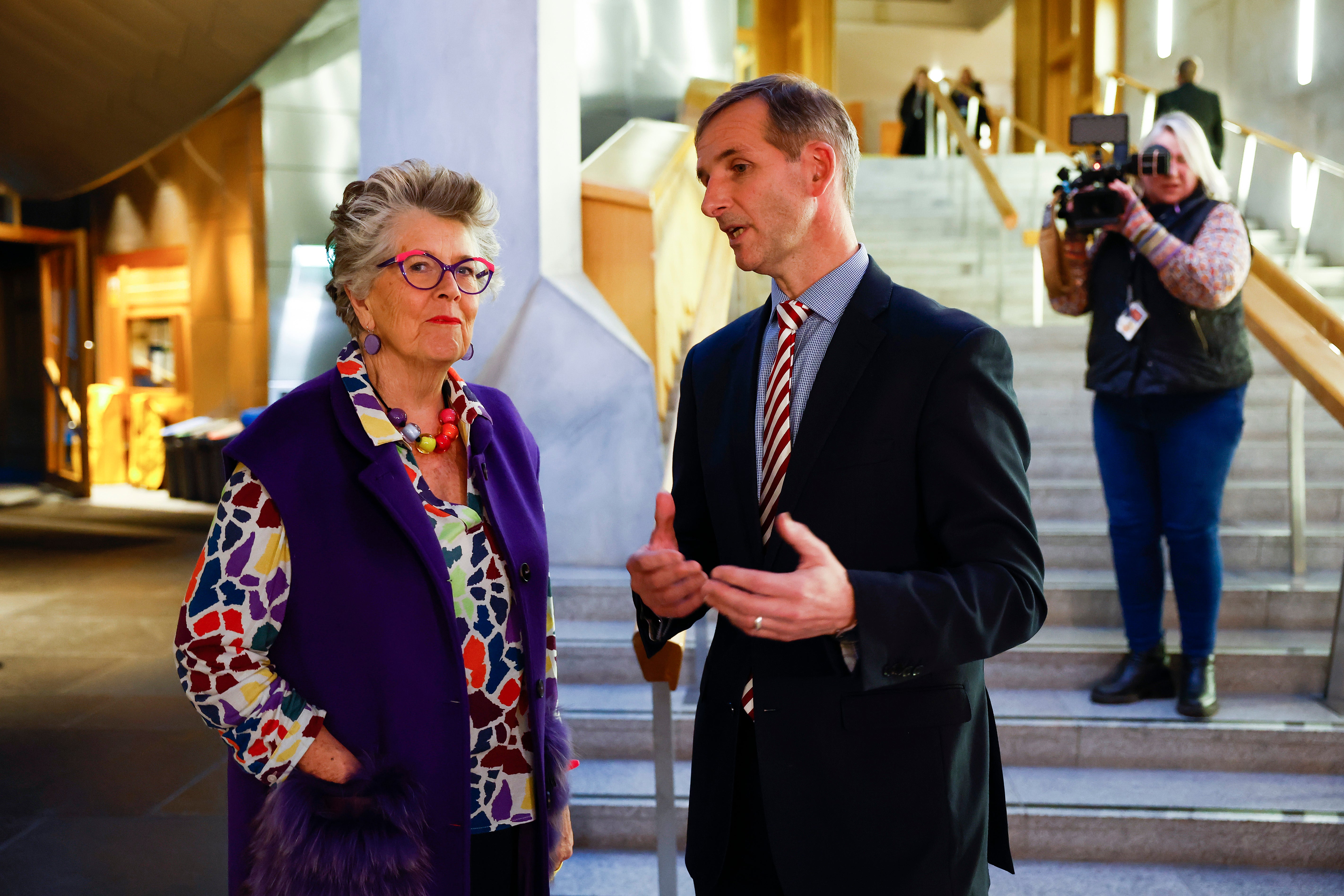 Prue Leith meets with Liberal Democrat MSP Liam McArthur at event to support assisted dying