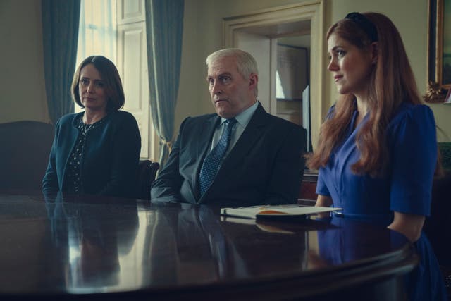 <p>Drama: Keeley Hawes as Amanda Thirsk, Rufus Sewell as Prince Andrew and Charity Wakefield as Princess Beatrice in ‘Scoop’ </p>