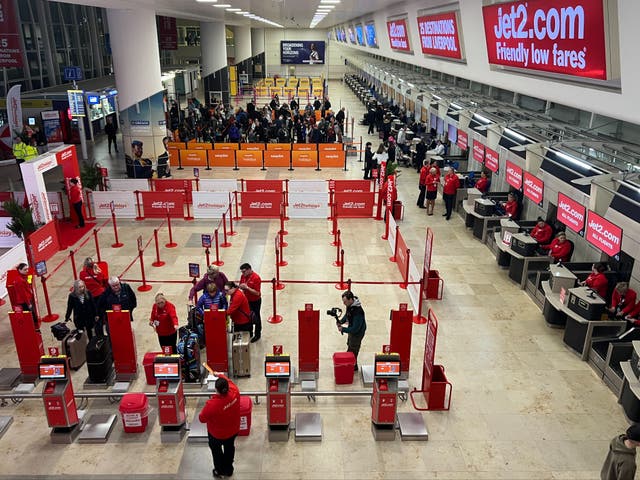 <p>Action stations: the new Jet2 check-in area at Liverpool John Lennon Airport</p>