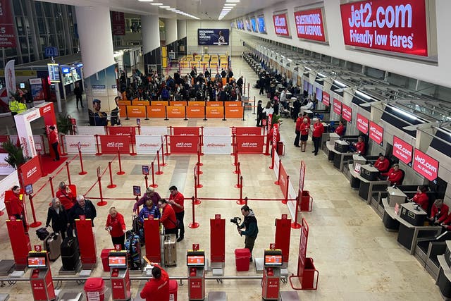<p>Action stations: the new Jet2 check-in area at Liverpool John Lennon Airport</p>