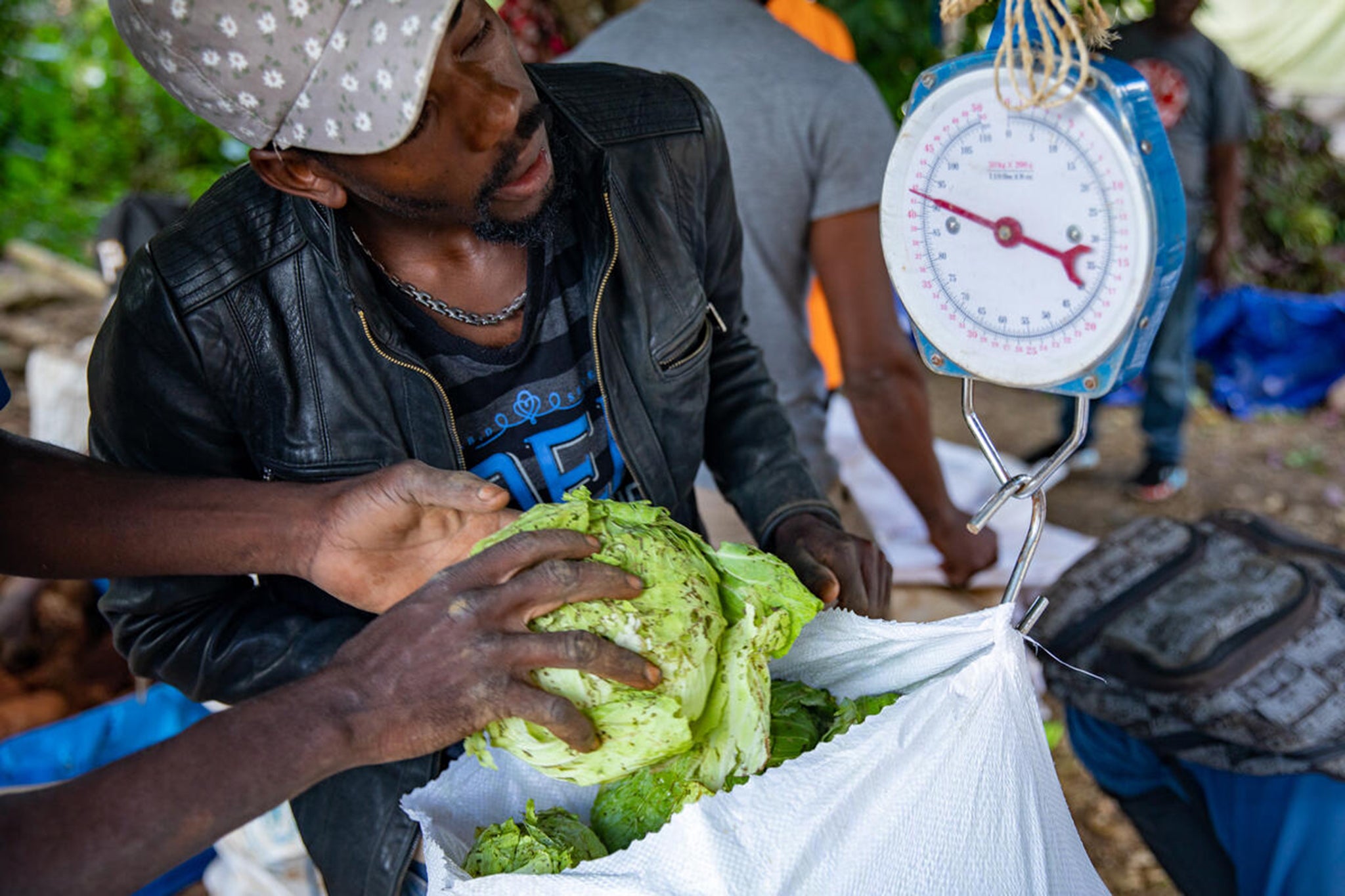 Smallholders collect fresh produce for the school meals programme at an aggregation centre