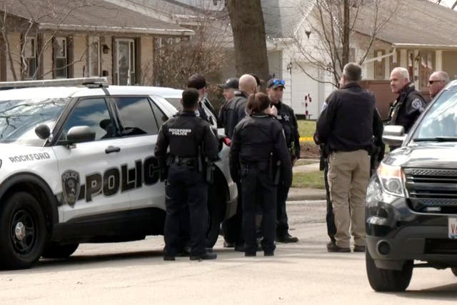 <p>In this image taken from video provided by WTVO-TV/WQRF-TV/NewsNation. law enforcement personnel work at the scene, Wednesday, March 27, 2024, in Rockford, Illinois</p>