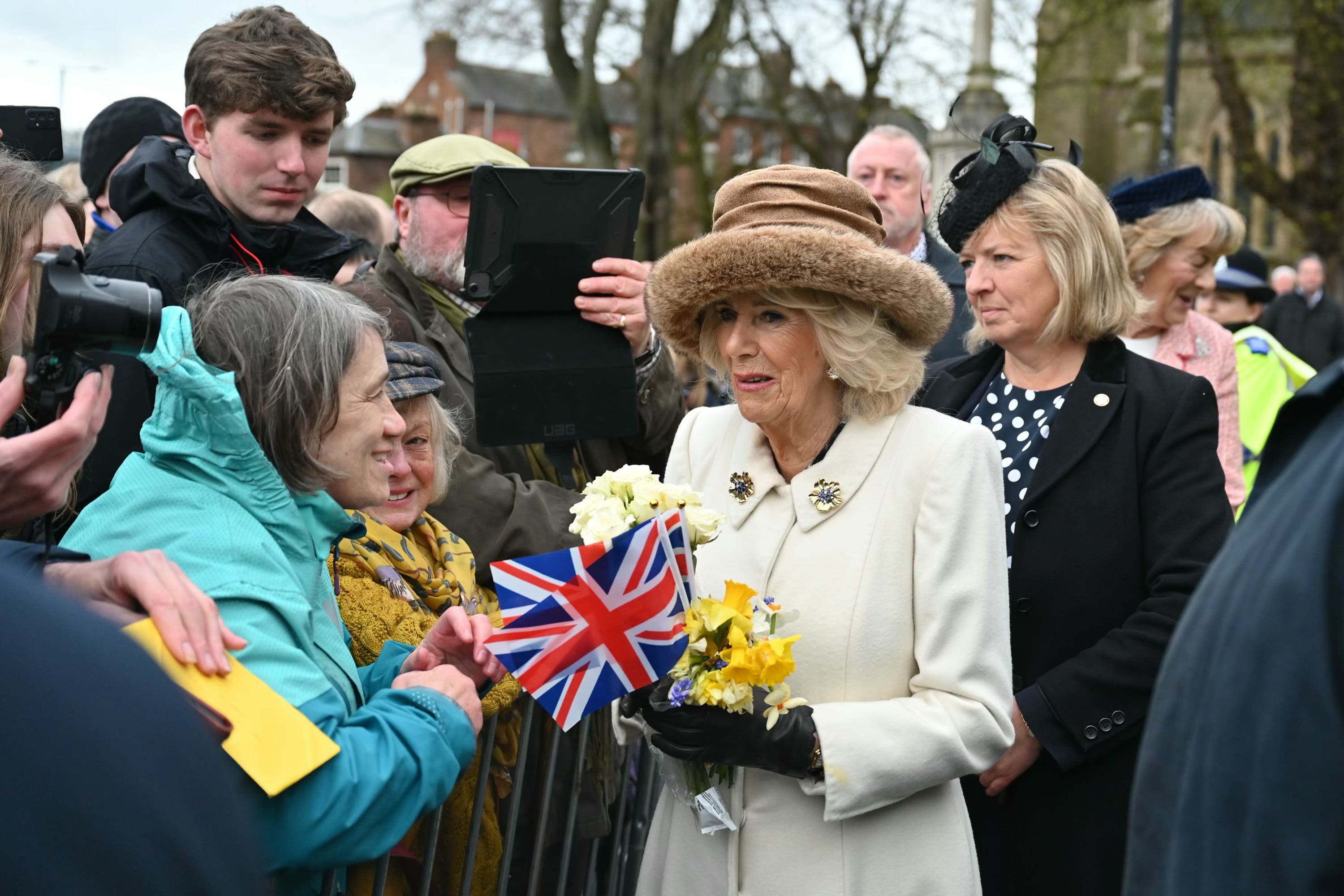 Queen Camilla meets well-wishers after attending the Royal Maundy Service at Worcester Cathedral (Justin Tallis/PA)