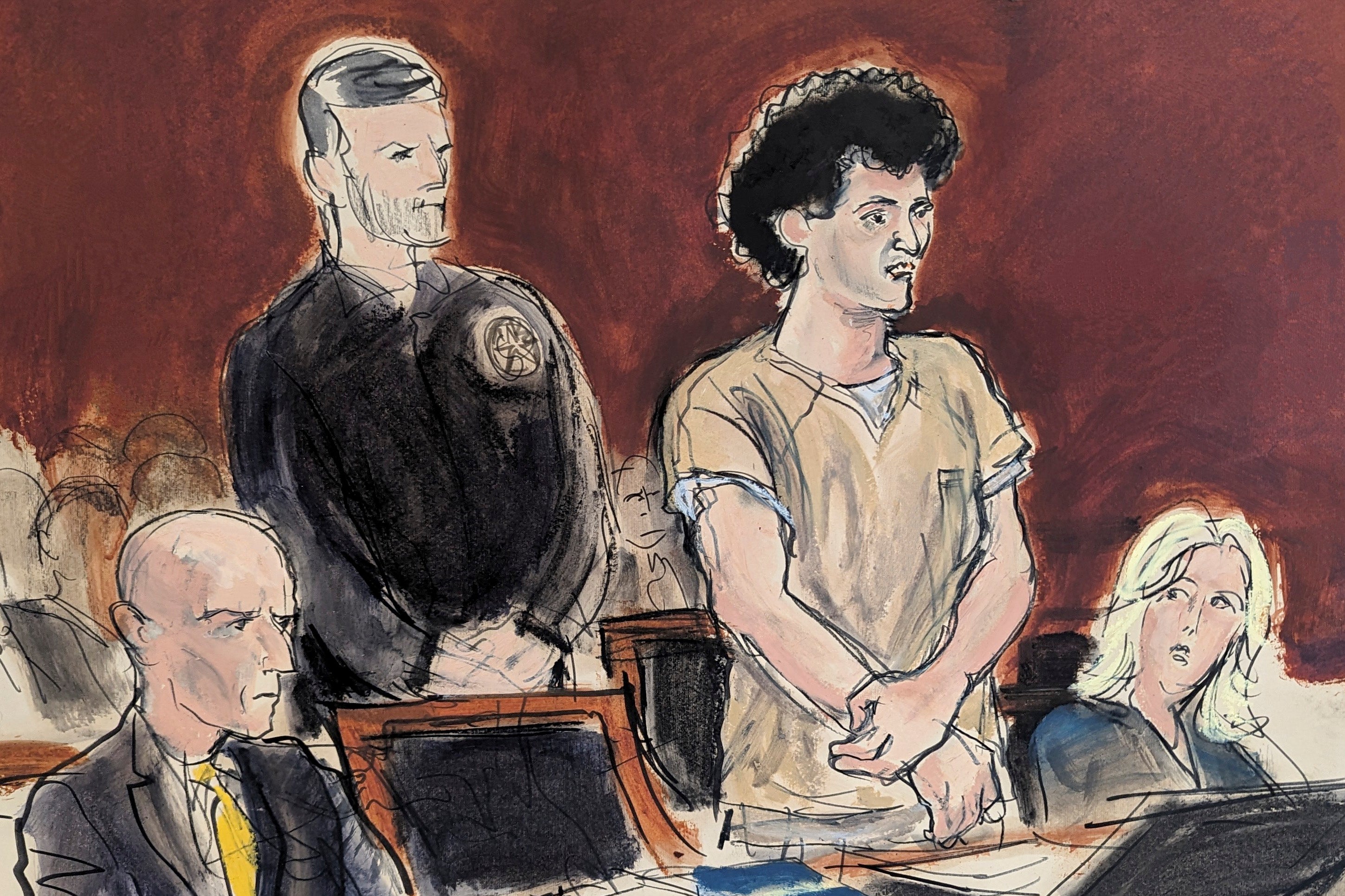 In this courtroom sketch, Sam Bankman-Fried, second from right, stands while making a statement during his sentencing in Manhattan federal court