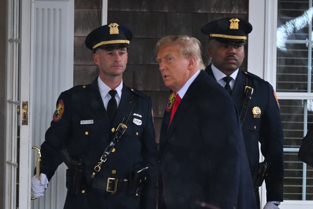 <p>Former President Donald Trump arrives for the wake for New York Police Department Officer Jonathan Diller in Massapequa, Long Island, New York,</p>