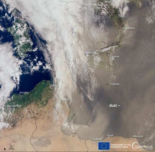 EU monitoring service, Copernicus issued an image from the Sentinel-3 satellite show the dust cloud hovering over southern Italy, Malta, Greece, Libya, and Tunisia