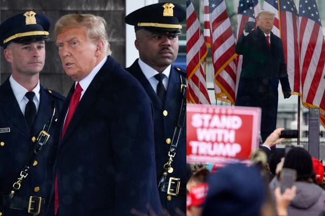 <p>Donald Trump at the wake of a slain New York police officer on 28 March 2024 and on January 6, 2021 at the rally that preceded the Capitol riot</p>