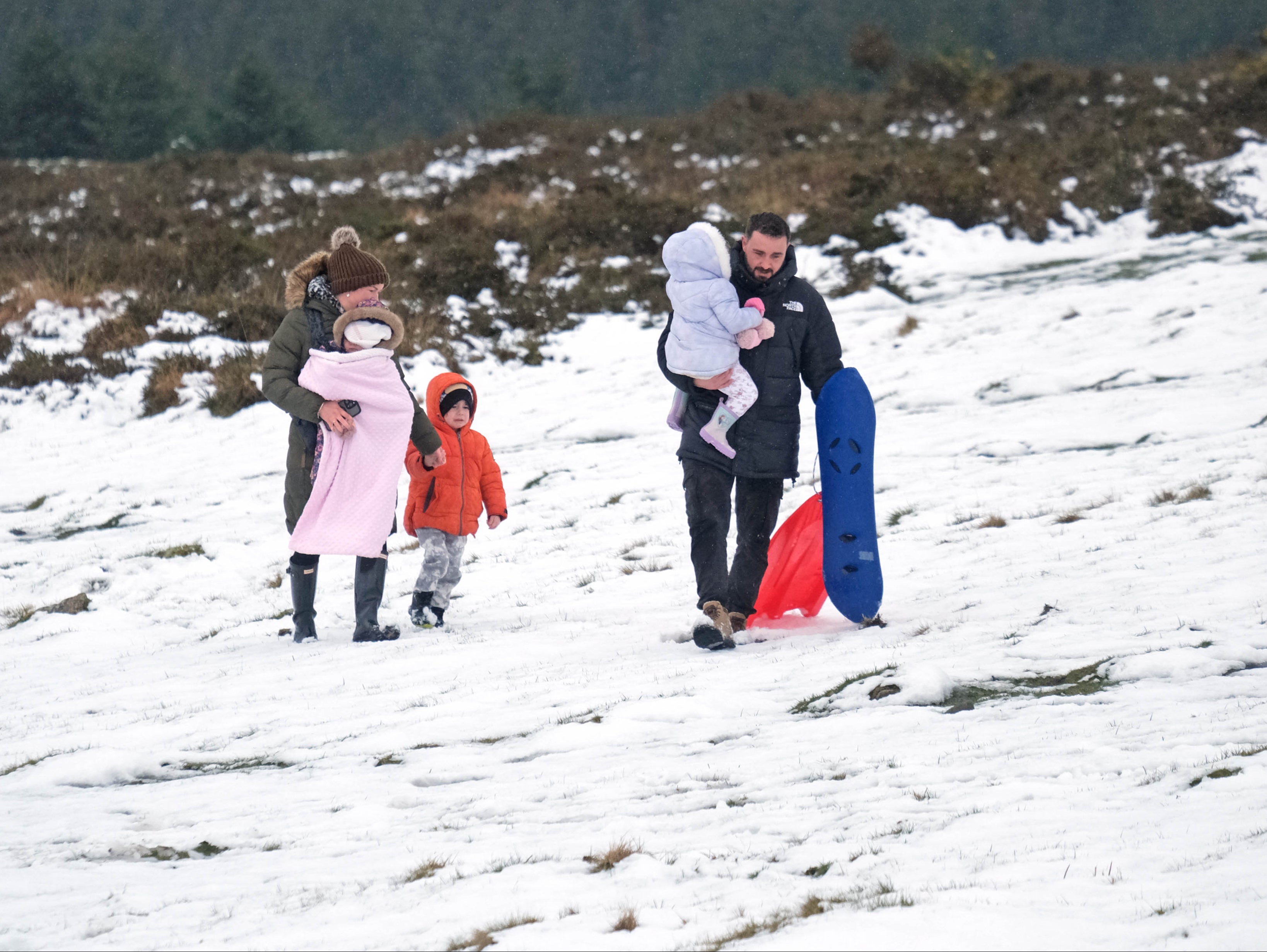 A family make use of the spring snow on Dartmoor to go sledging