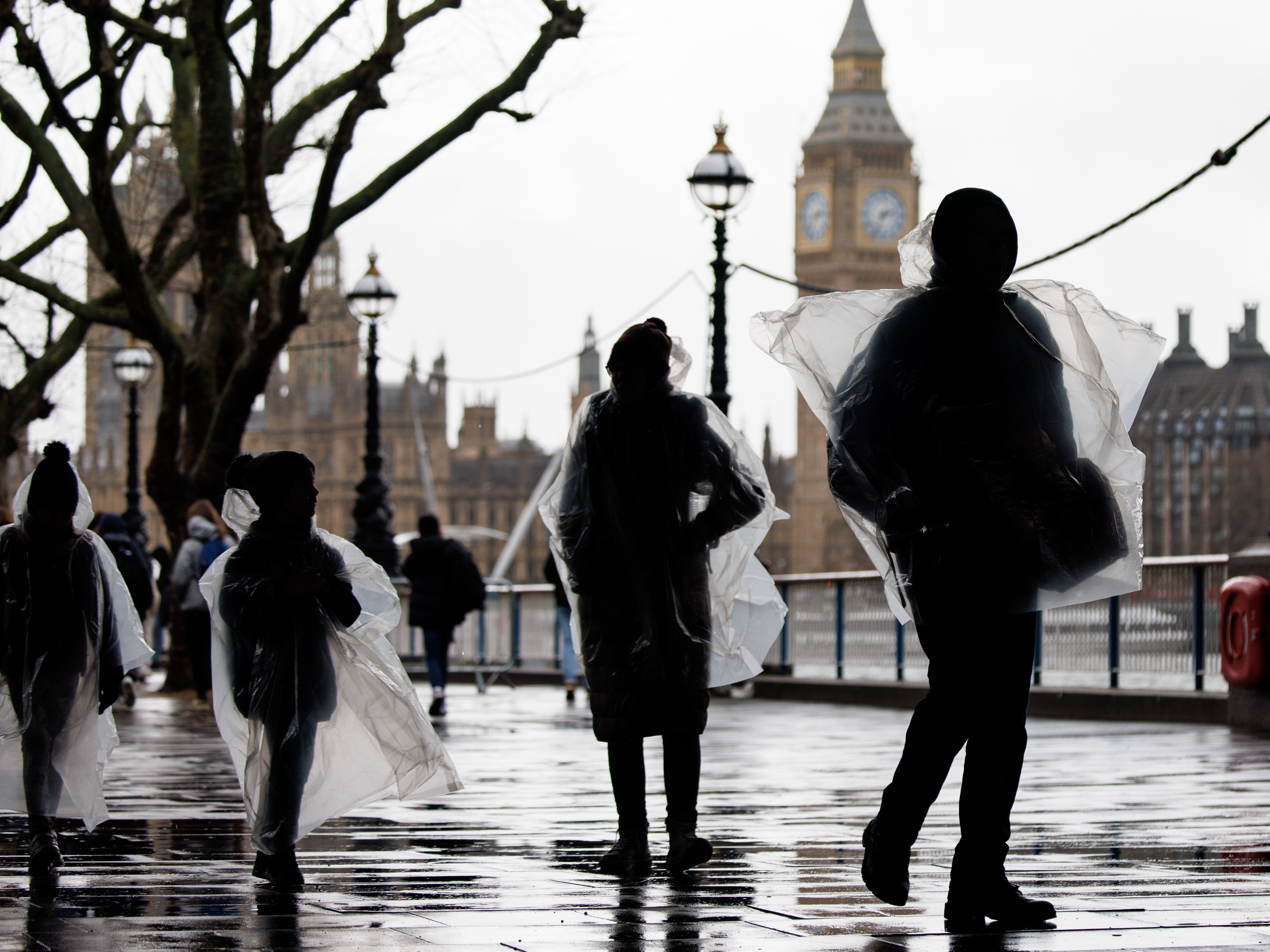 A family kits up in plastic raincoats in central London