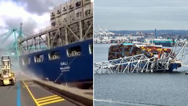 <p>MS Dali crashing into Antwerp port and the MS Dali crashed into Baltimore’s Key Bridge (Dominik Smits via Reuters/Getty)</p>