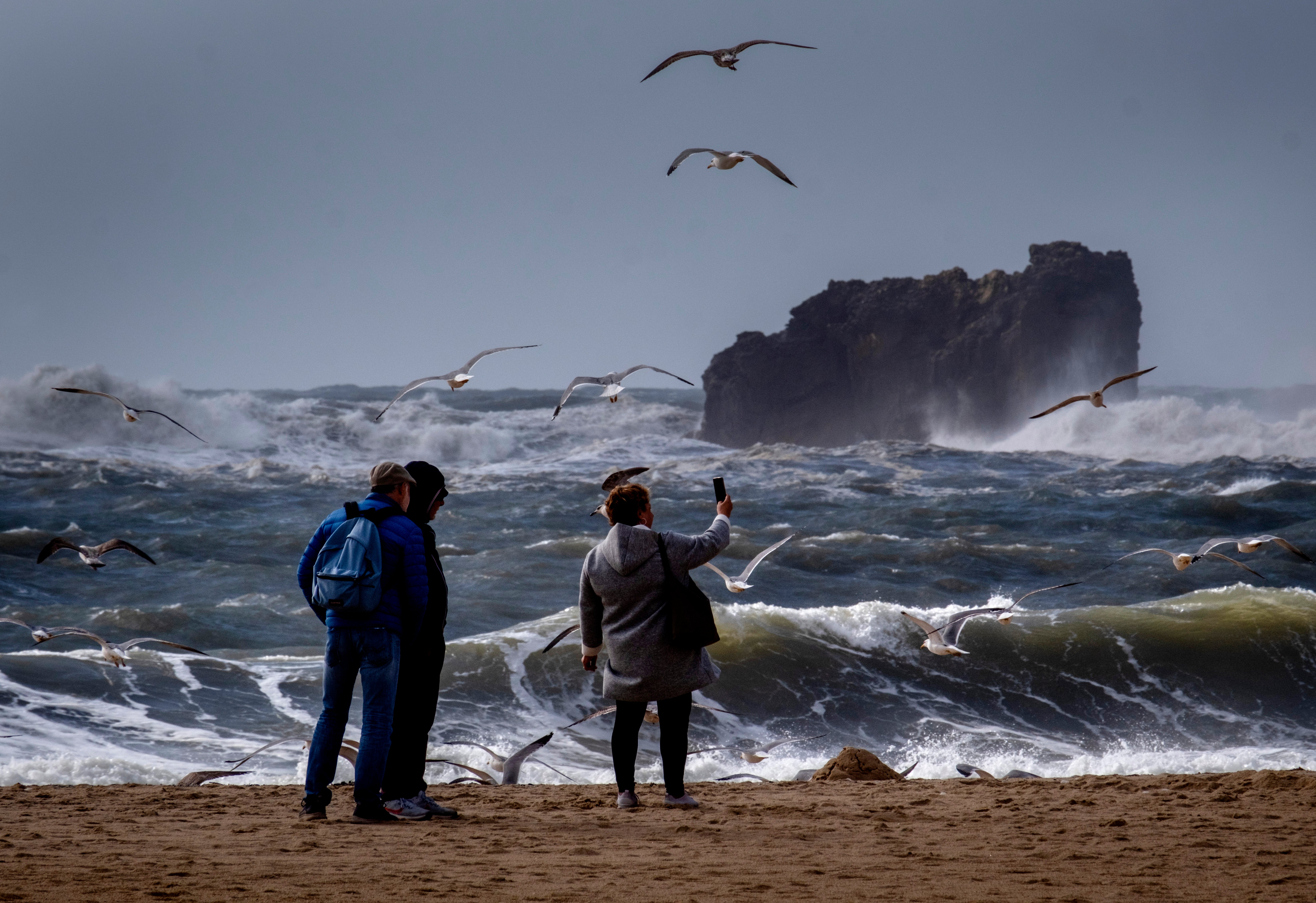 Tourists take pictures of seagulls in Nazare, Portugal, Wednesday, March 27, 2024