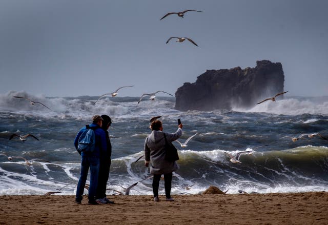<p>Tourists take pictures of seagulls in Nazare, Portugal, Wednesday, March 27, 2024</p>