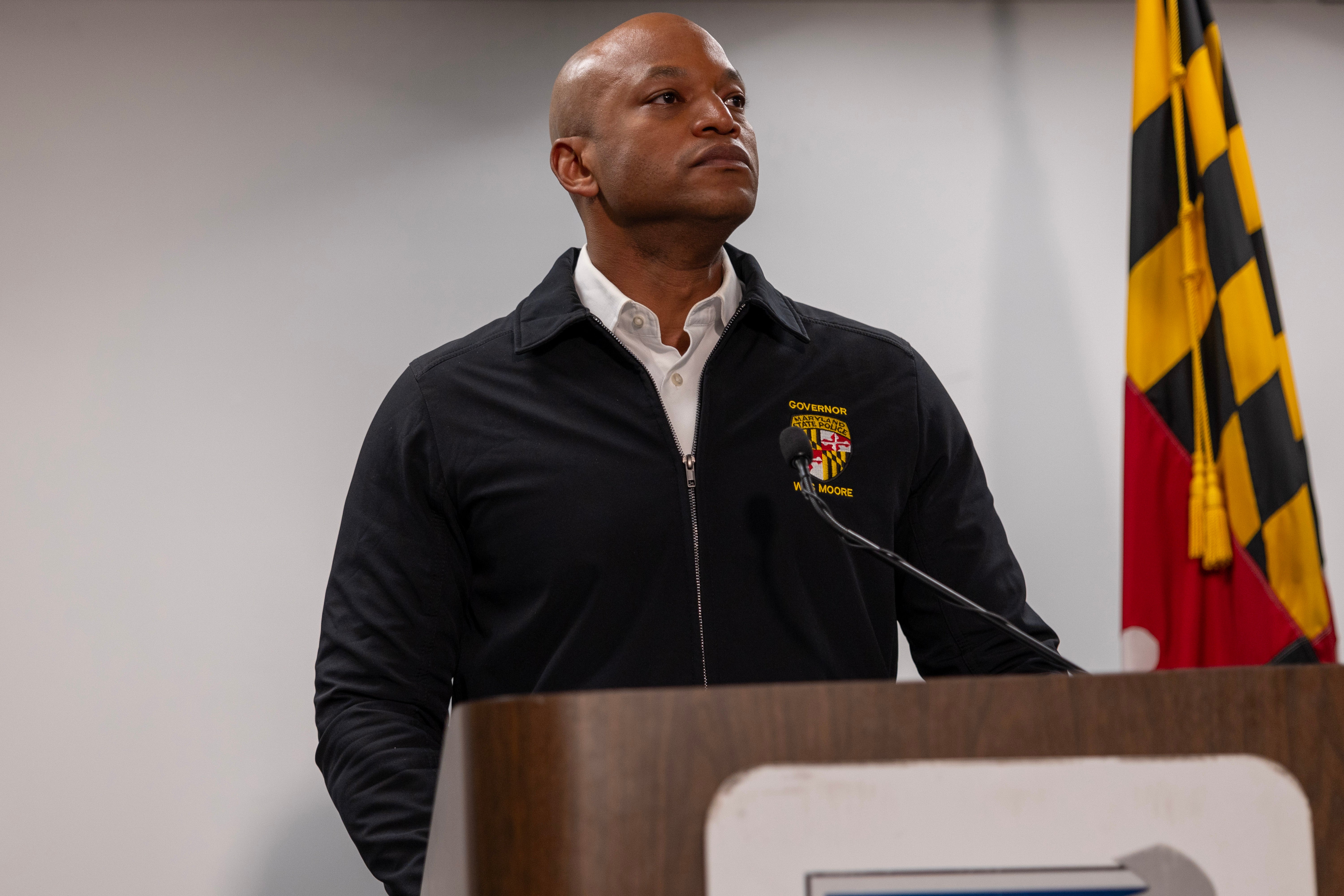 <p>US President Joe Biden speaks about the collapse of the Francis Scott Key Bridge after it was struck by the container ship Dali, as Maryland Governor Wes Moore (R) looks on in Baltimore, Maryland, on April 5, 2024</p>