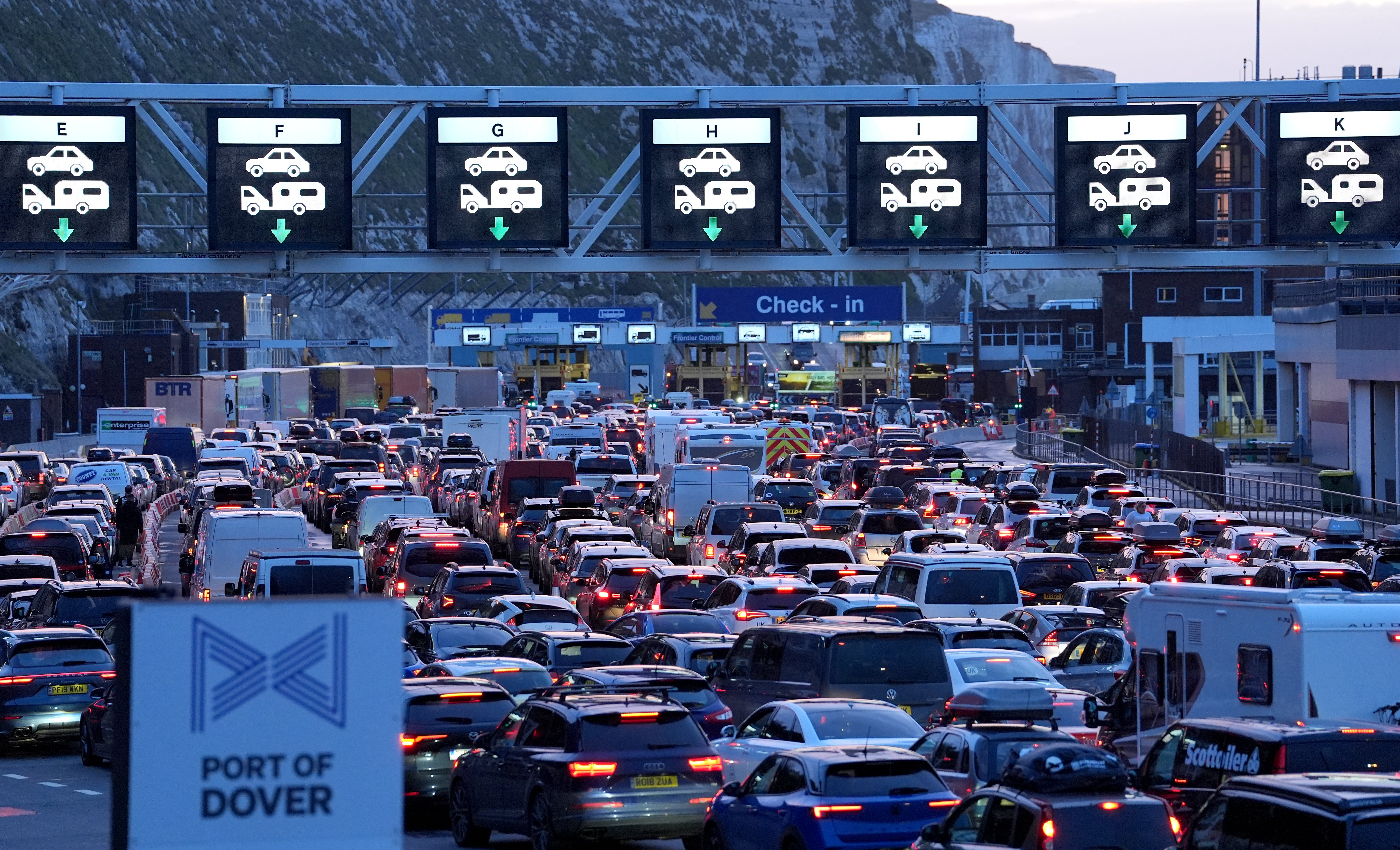 Passengers queue for ferries at the Port of Dover in Kent
