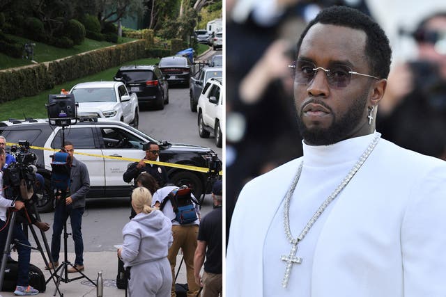 <p>Diddy (right) and the raid on one of his homes (left) </p>