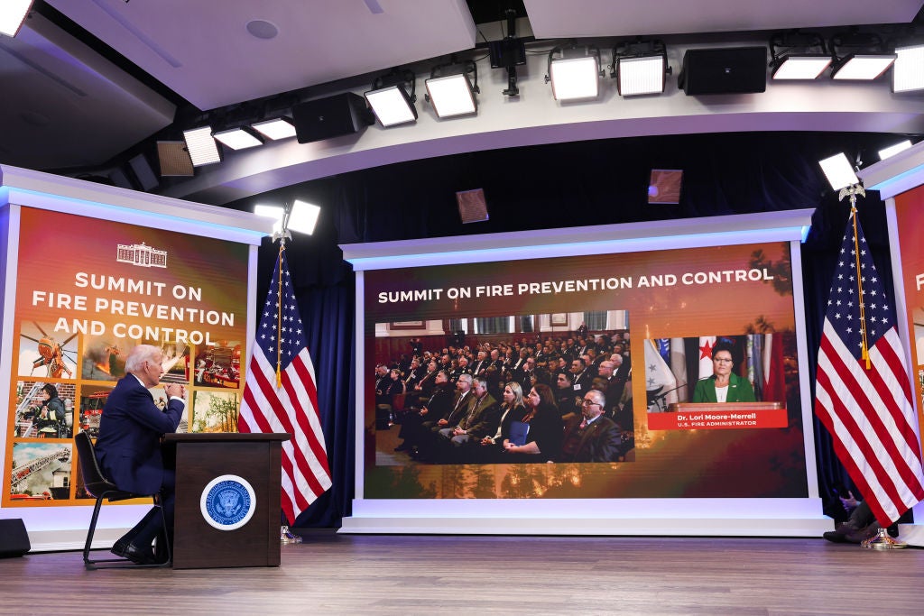 President Joe Biden delivers remarks at the Summit on Fire Prevention and Control in 2022. He raised federal firefighter entry pay to $15 p/h and urged Congress to take up the issue to make the raise permanent