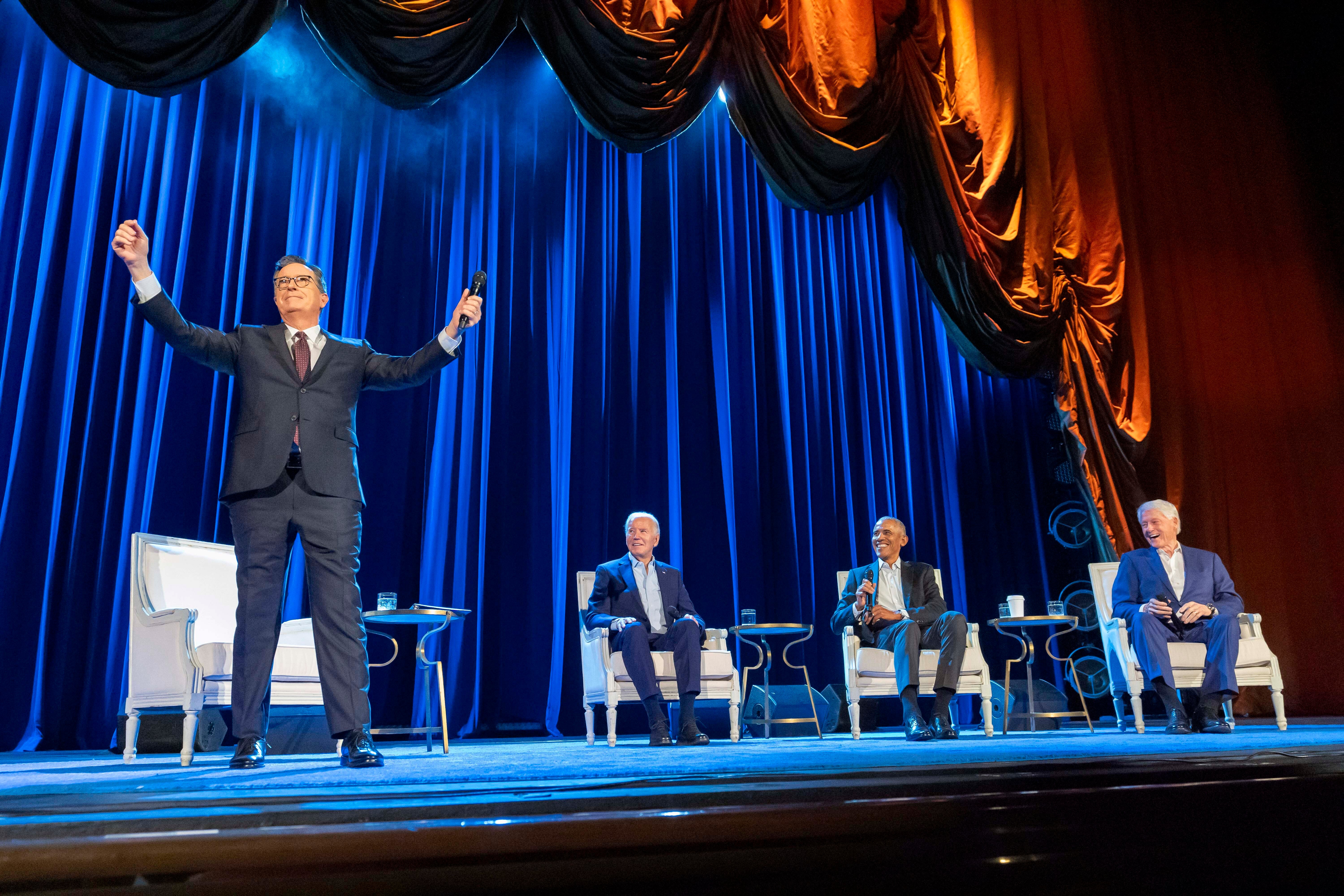 Stephen Colbert moderated the fundraiser featuring a rare appearance by a serving president and two of his fellow Democratic predecessors