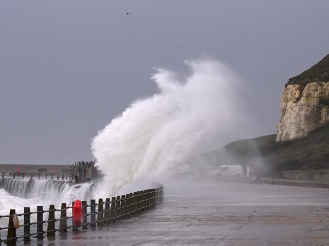 <p>Waves crash into the coast in March in Newhaven, England</p>