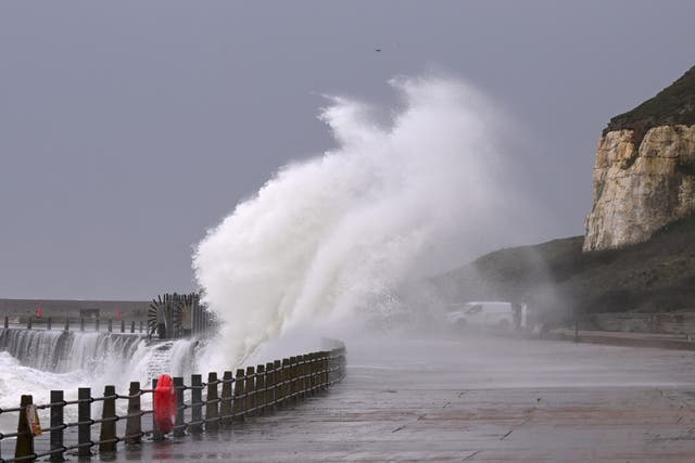 <p>Waves crash into the coast in March in Newhaven, England</p>